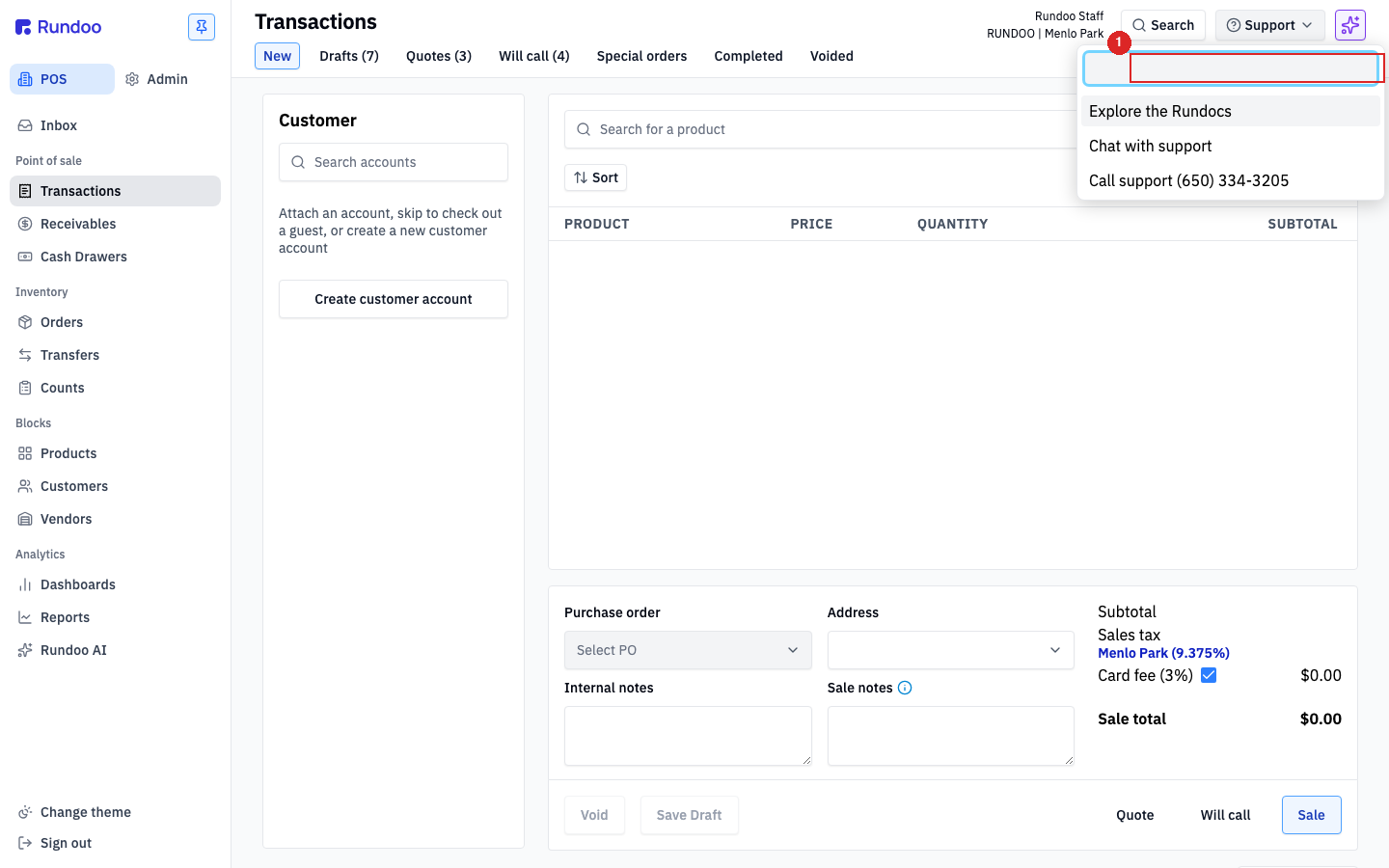 The search box at the top of the Support menu for quick help-library lookups